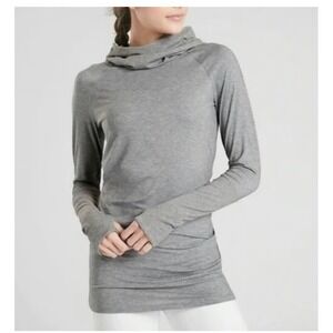 Athleta Essence Hooded Tunic Sz XS Grey Thumb Holes Ribbed Cowl Neck Yoga Gym